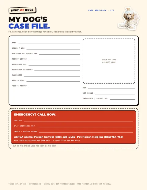 Mini-pack page 1: my dog’s case file and emergency card