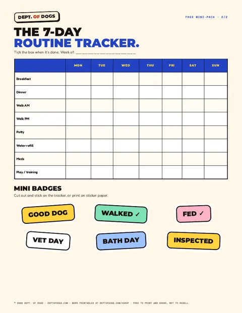 Mini-pack page 2: 7-day routine tracker and mini badges