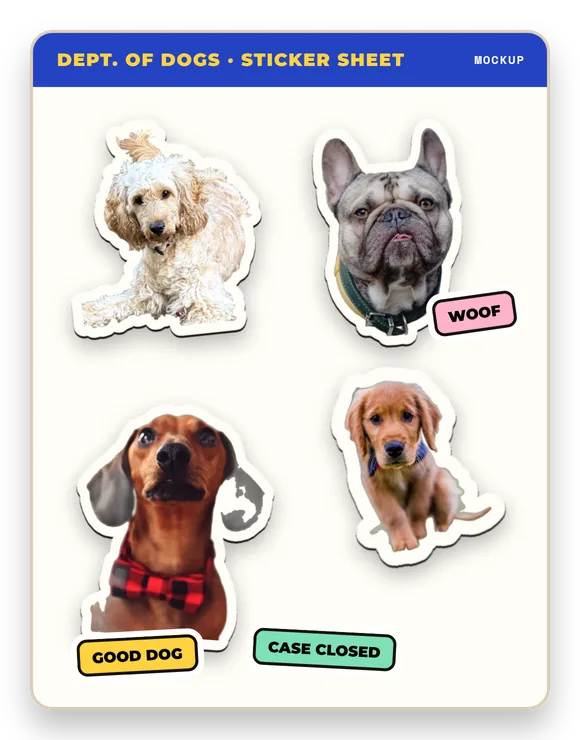 Mockup of a Dept. of Dogs vinyl sticker sheet with dog stickers