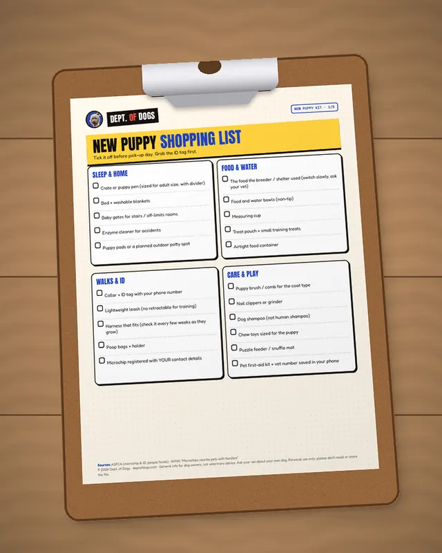 New Puppy Checklist Kit printed out, on a clipboard