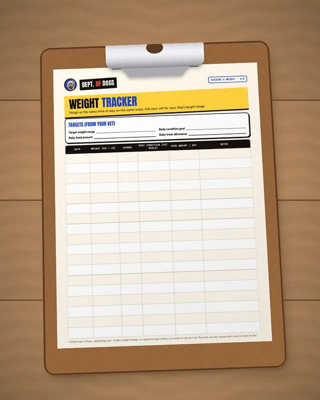 Feeding & Weight Tracker printed out, on a clipboard