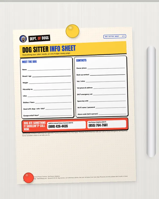Dog Sitter Info Sheet printed out, on the fridge