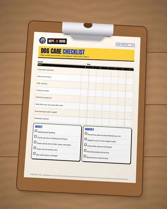 Dog Care Checklist & Grooming Log printed out, on a clipboard
